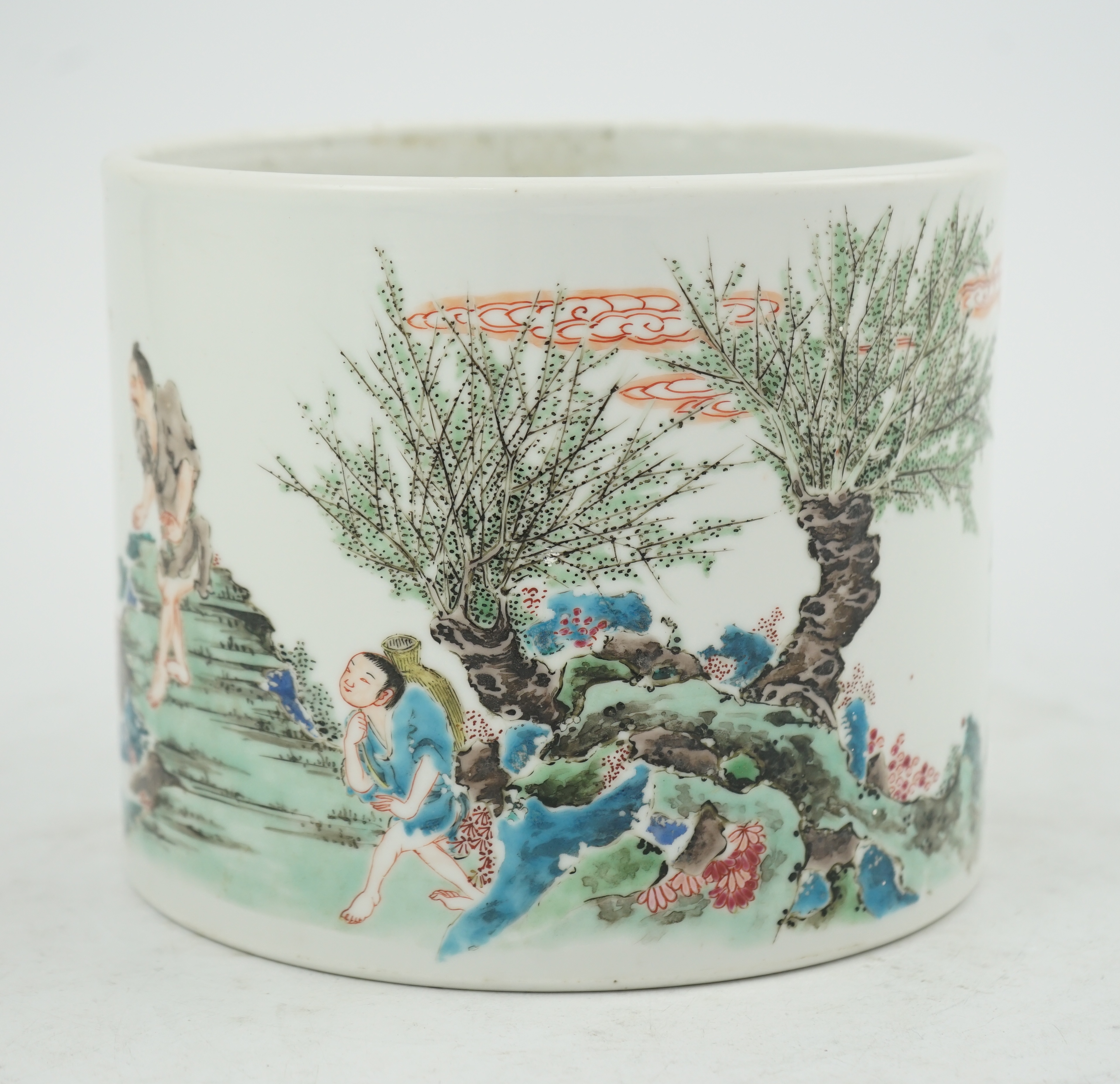 An unusual Chinese famille rose ‘fishermen’ brushpot, bitong, Yongzheng period (1723-35)